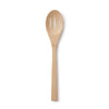 A bamboo slotted spoon is resting on a white background