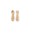 A set of a bamboo baby fork and baby spoon are shown on a white background.