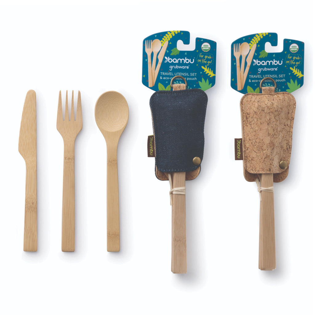 Utensil Set with Eco-Conscious Pouch includes a Knife, Fork and Spoon set, and comes with either a Hemp Denim pouch or a Cork Fabric Pouch.