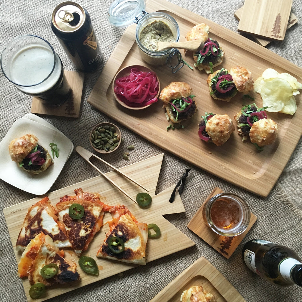 Beer Bites Recipes served on bamboo trays and bamboo plates