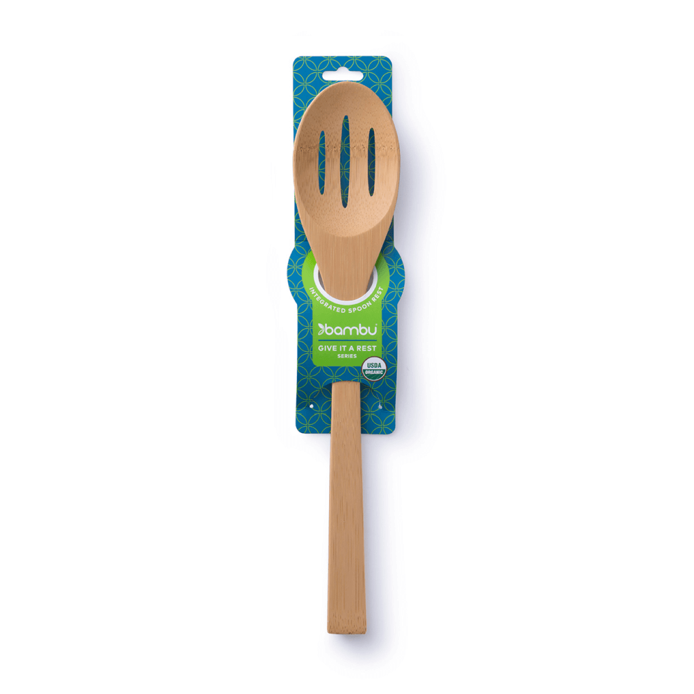 A Give it A Rest Slotted Spoon is shown in FSC Certified paper packaging.