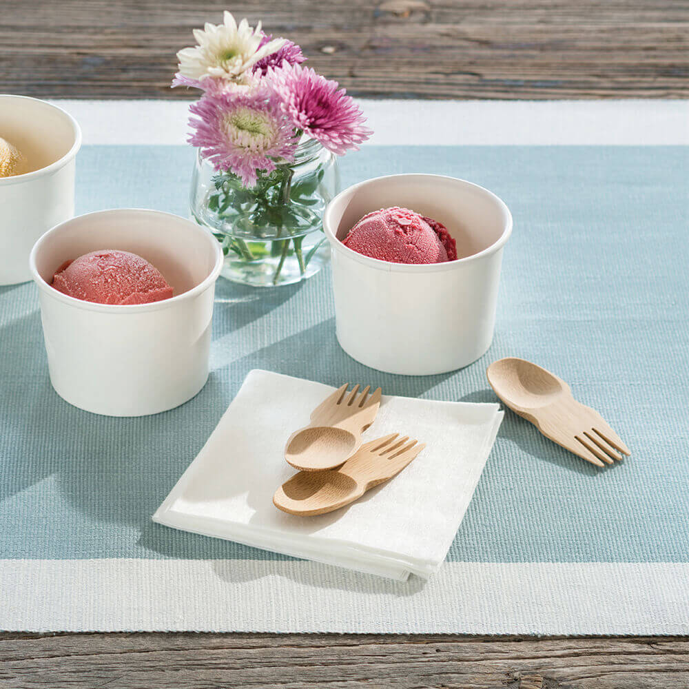 Scoops of ice cream in paper cups are shown with a set of 4 Bamboo Sporks - bambu