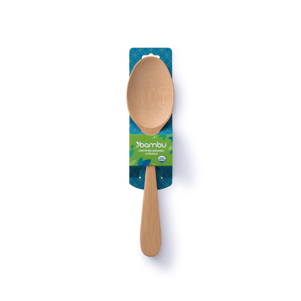 Bamboo Serving Spoons are shipped with blue patterned cardstock packaging.