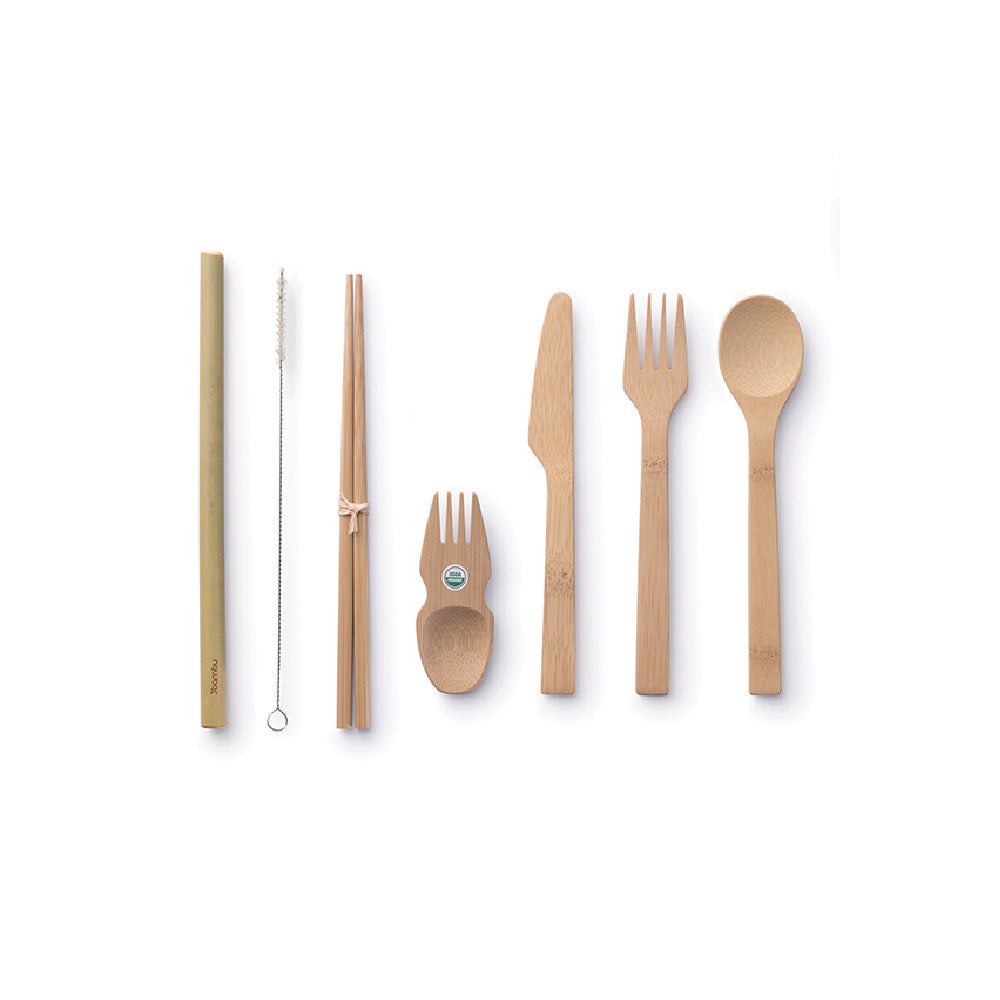 The Eat/Drink Tool Kit includes a bamboo straw (with cleaning brush), a pair of chopsticks, a mini spork, and a full-size knife, fork and spoon set. 