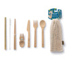 The Eat/Drink Tool Kit includes a bamboo straw (with cleaning brush), a pair of chopsticks, a mini spork, and a full-size knife, fork and spoon set. All packaged in an organic cotton mesh drawstring bag.
