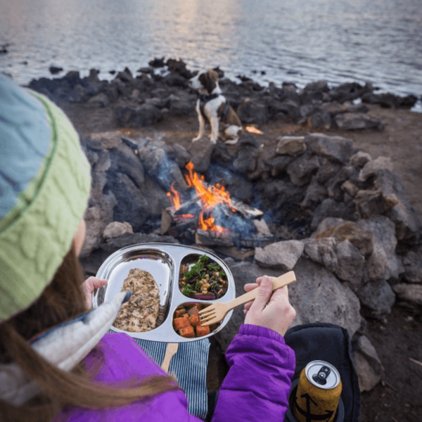 Eco Lunchbox Camping Tray eating outside at the lake