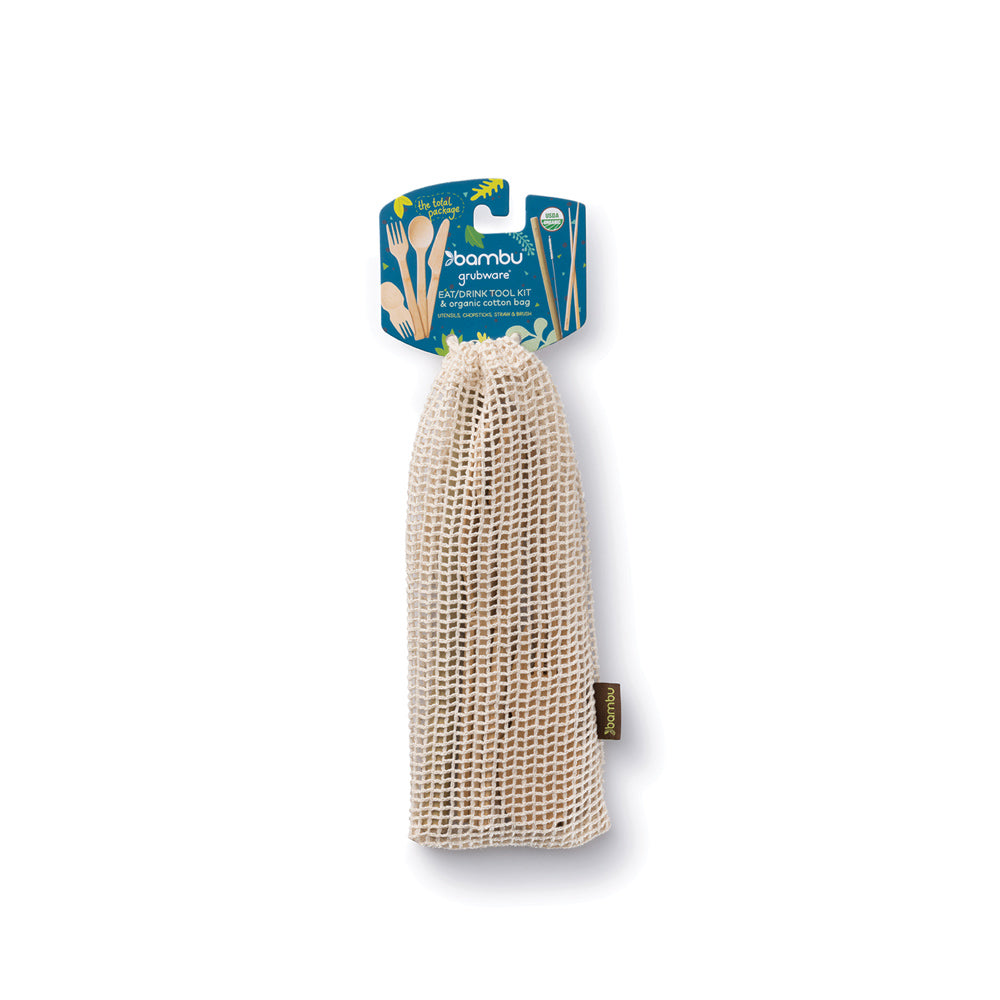 The eat/drink tool kit by bambu is packaged in an organic cotton mesh drawstring bag.