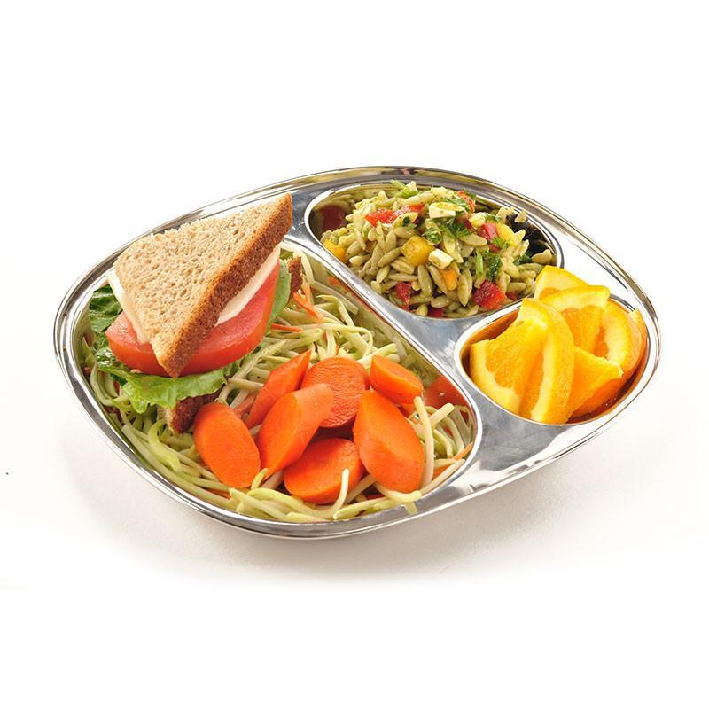 A lunch of pasta salad, but oranges, sliced carrots, and a veggie sandwich is served on a Stainless Steel  Kids Lunch Tray.